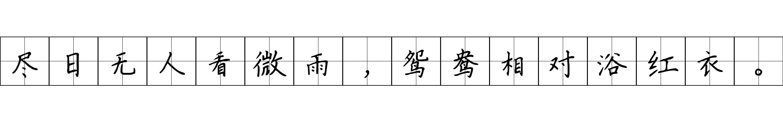 尽日无人看微雨，鸳鸯相对浴红衣。