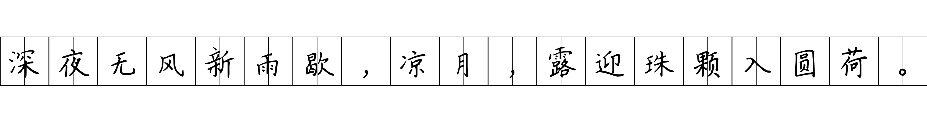 深夜无风新雨歇，凉月，露迎珠颗入圆荷。