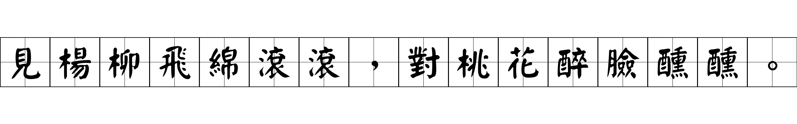 見楊柳飛綿滾滾，對桃花醉臉醺醺。