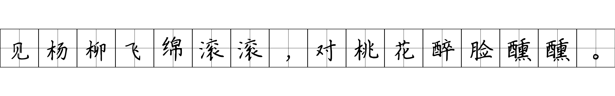 见杨柳飞绵滚滚，对桃花醉脸醺醺。