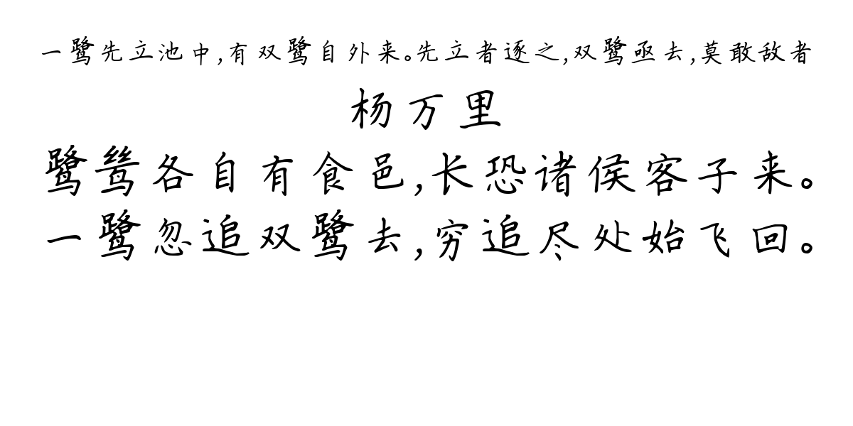 一鹭先立池中，有双鹭自外来。先立者逐之，双鹭亟去，莫敢敌者-杨万里