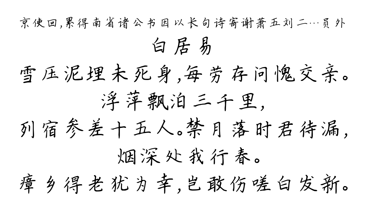 京使回，累得南省诸公书因以长句诗寄谢萧五刘二…员外-白居易