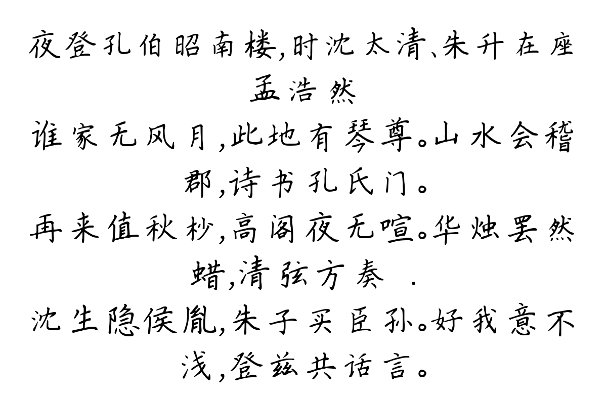 夜登孔伯昭南楼，时沈太清、朱升在座-孟浩然