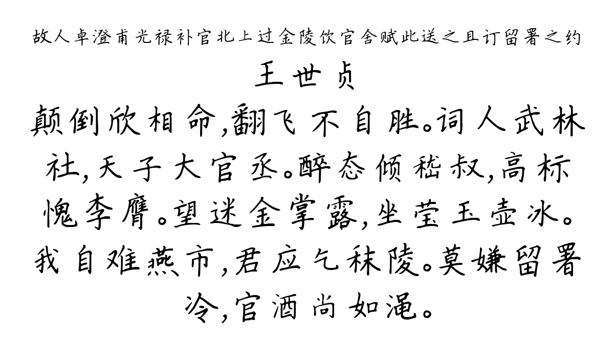 故人卓澄甫光禄补官北上过金陵饮官舍赋此送之且订留署之约-王世贞