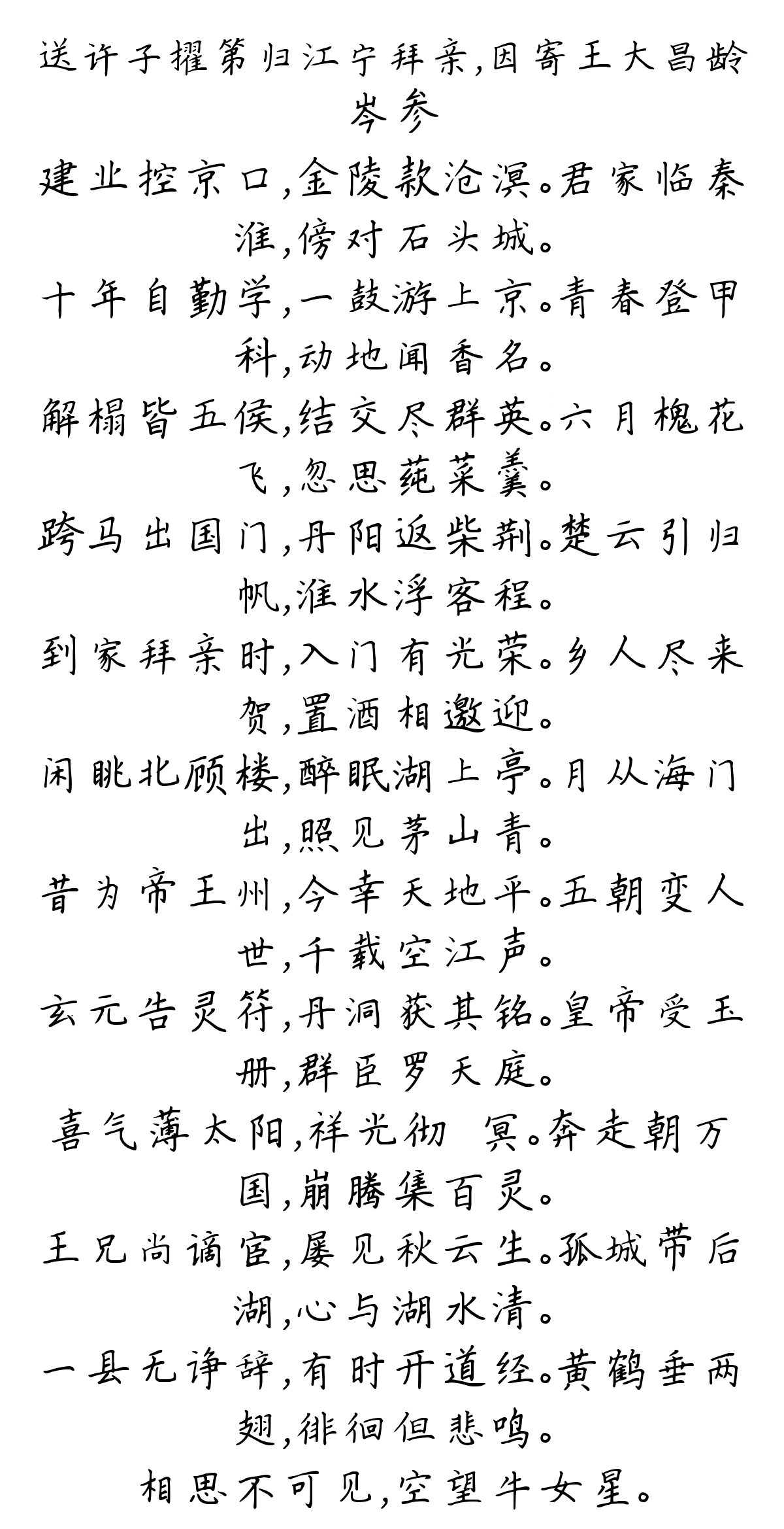 送许子擢第归江宁拜亲，因寄王大昌龄-岑参