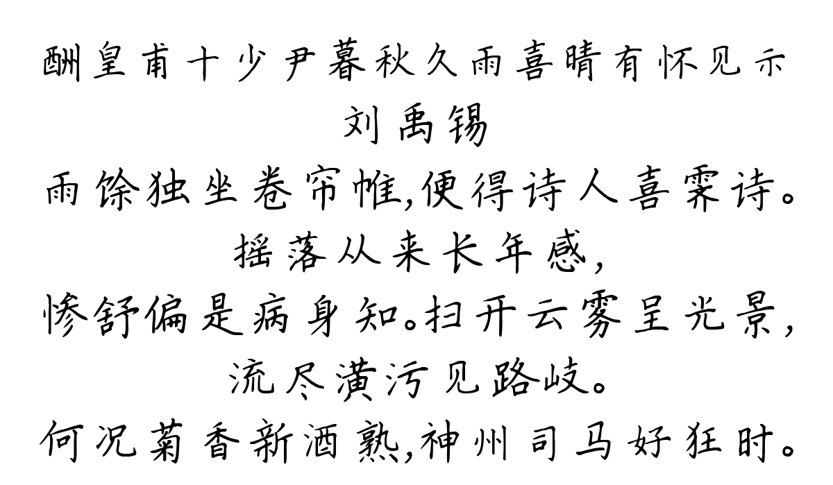 酬皇甫十少尹暮秋久雨喜晴有怀见示-刘禹锡